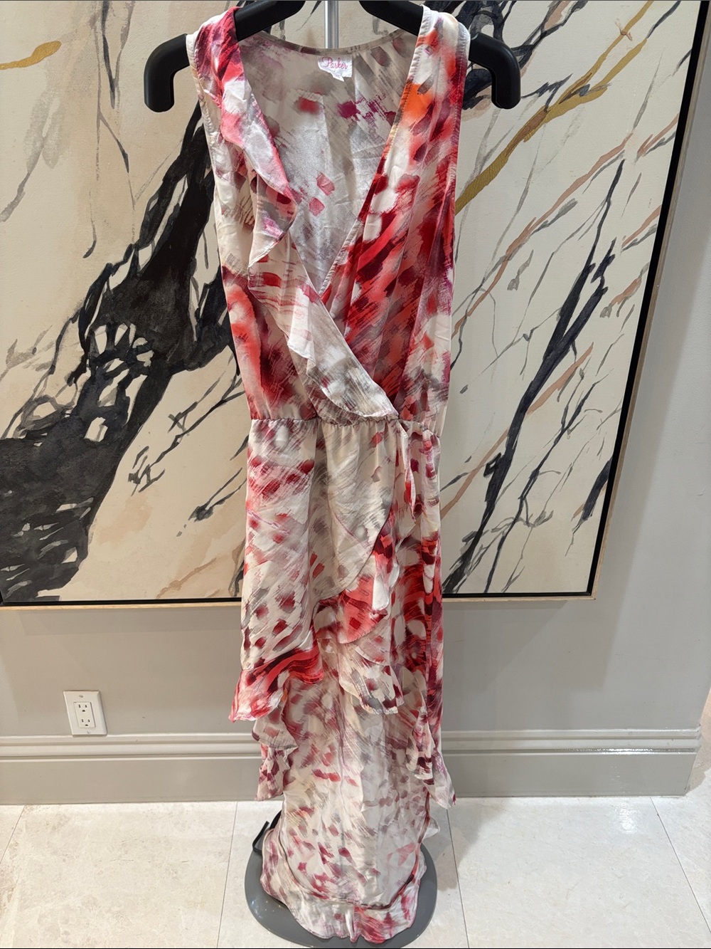 Parker Red & White Ruffle Wrap Maxi Dress